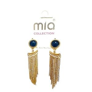 Mia Collection NWT gold fringe dangle earrings with blue round stone stud back